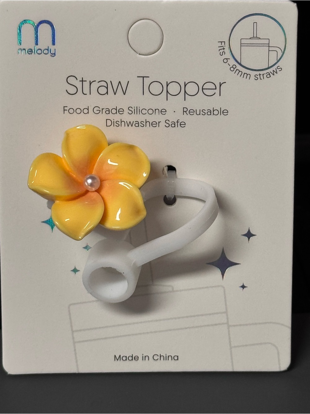 NWT Melody Plumeria Flower Silicone Straw Topper 6-8mm Yellow